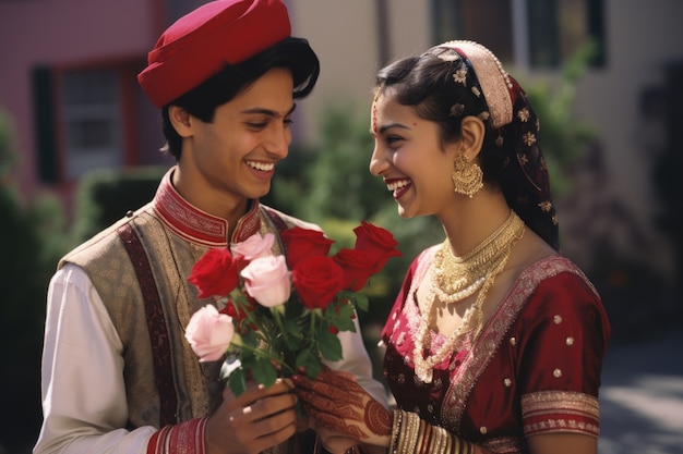 Foto grátis um casal indiano comemora o dia da proposta sendo romântico um com o outro.