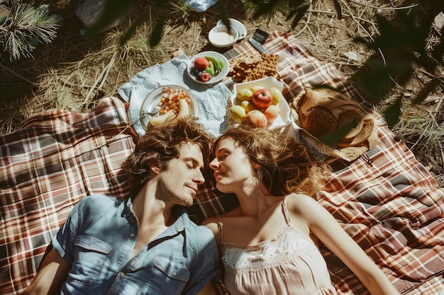 Um casal no verão a ter um dia de piquenique relaxante juntos