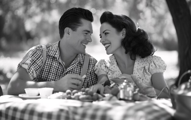 Um casal vintage preto e branco a desfrutar de um piquenique.