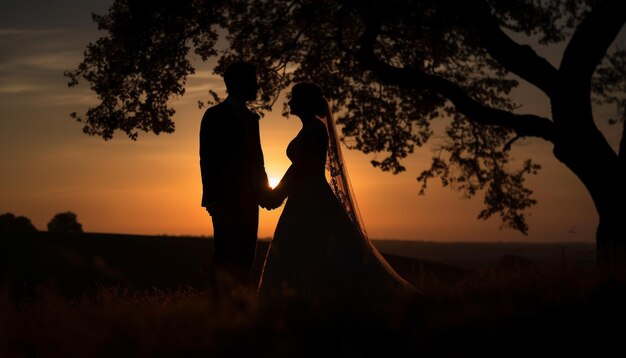 Um casamento ao pôr do sol, dois corações se tornam um gerado por IA