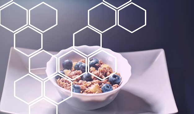 Um cereal matinal saudável com leite e frutas. flocos de aveia e milho com chocolate e iogurte. o conceito de alimentação saudável e vegetariana.