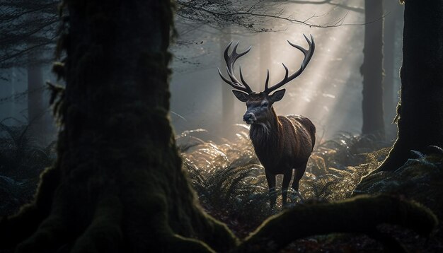 Um cervo na floresta com o sol brilhando em seus chifres.
