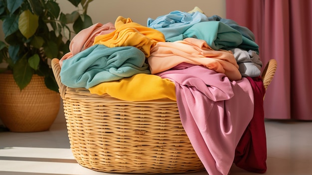 Um cesto de roupa cheio de roupas preparadas para a lavagem