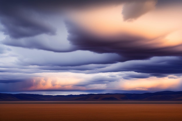 Um céu tempestuoso com montanhas ao fundo