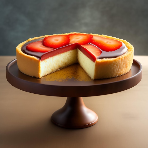 Um cheesecake com uma fatia faltando e um pedaço faltando.