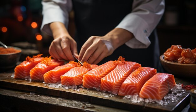 Um chef prepara frutos do mar frescos, uma refeição gourmet aguarda gerada por inteligência artificial