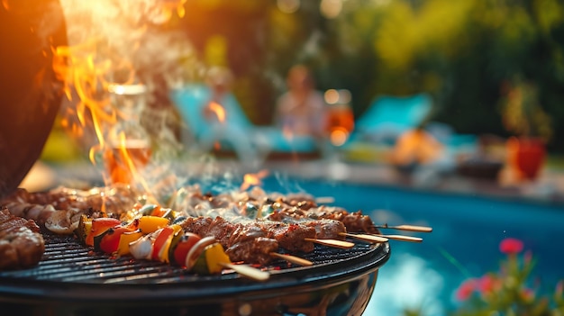 Um churrasco à beira da piscina com grelhados escaldantes, aromas deliciosos e vibrações casuais de verão