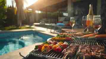 Foto grátis um churrasco à beira da piscina com grelhados escaldantes, aromas deliciosos e vibrações casuais de verão