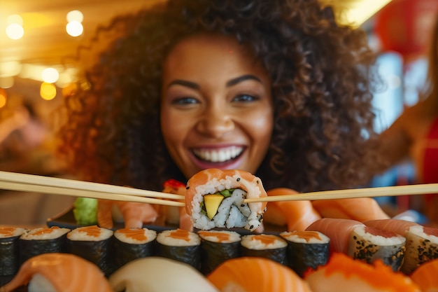 Foto grátis um close de pessoas a comer sushi.