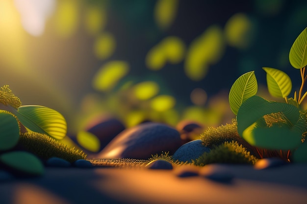 Um close-up de um solo frondoso com uma luz brilhando sobre ele.