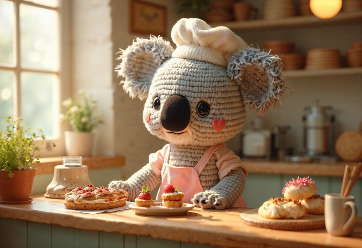 Um close-up do adorável amigurumi koala