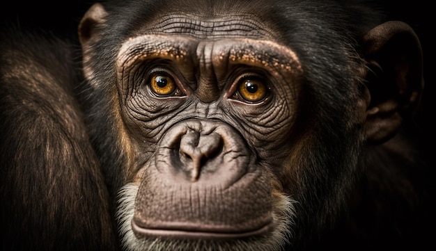 Fundo Close Up Do Rosto De Um Chimpanzé Preto Fundo, Foto De Um