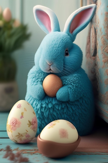 Foto grátis um coelho azul segura um ovo ao lado de um coelho azul.
