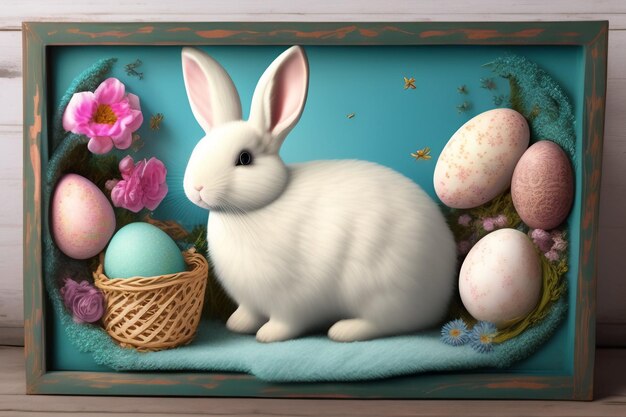 Um coelho e uma cesta de ovos de páscoa