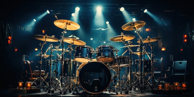 Um conjunto de tambores num palco sob os holofotes
