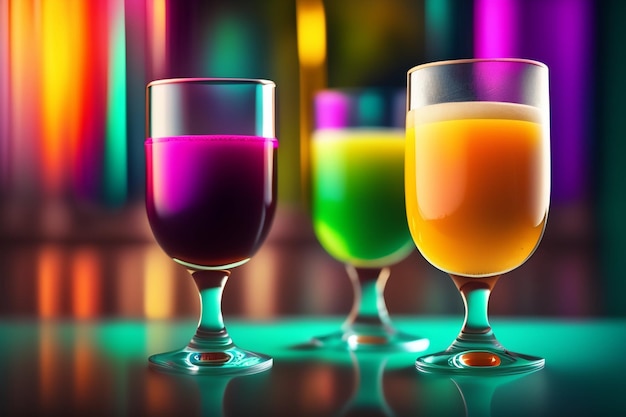 Um copo colorido de suco está em um bar com um fundo colorido.