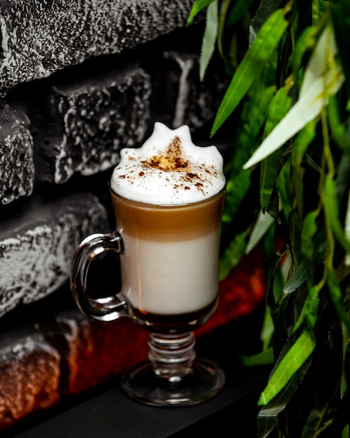 Um copo de café em duas camadas bebe com espuma por cima