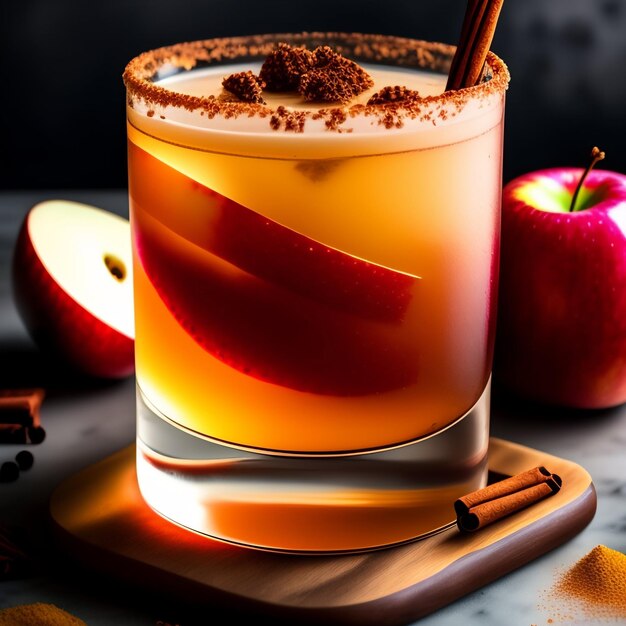 Um copo de cidra de maçã com um pau de canela na borda fica sobre uma mesa de madeira