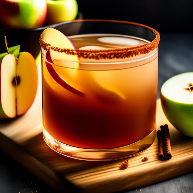 Foto grátis um copo de cidra de maçã está sobre uma tábua de madeira com uma maçã verde ao lado.
