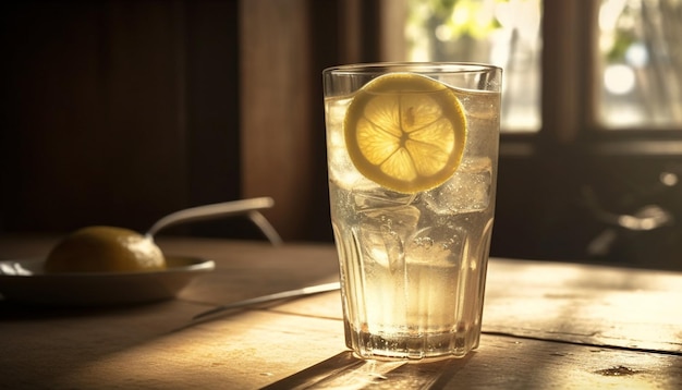 Foto grátis um copo de limonada está sobre uma mesa com uma colher e um copo de gelo.