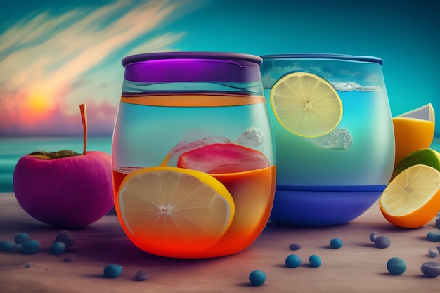 Foto grátis um copo de suco colorido com fundo azul e uma rodela de limão.