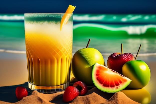 Foto grátis um copo de suco com frutas na praia