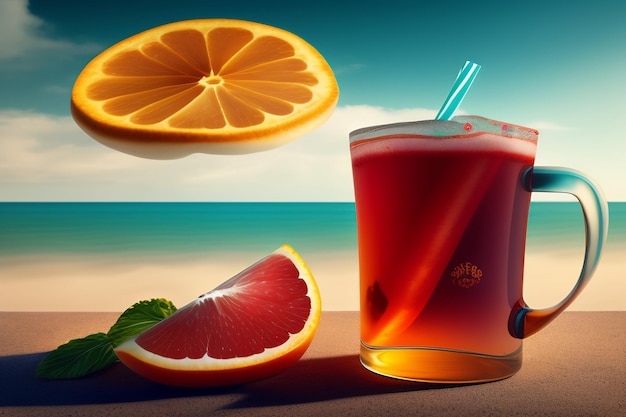 Foto grátis um copo de suco com uma fatia de laranja na praia.