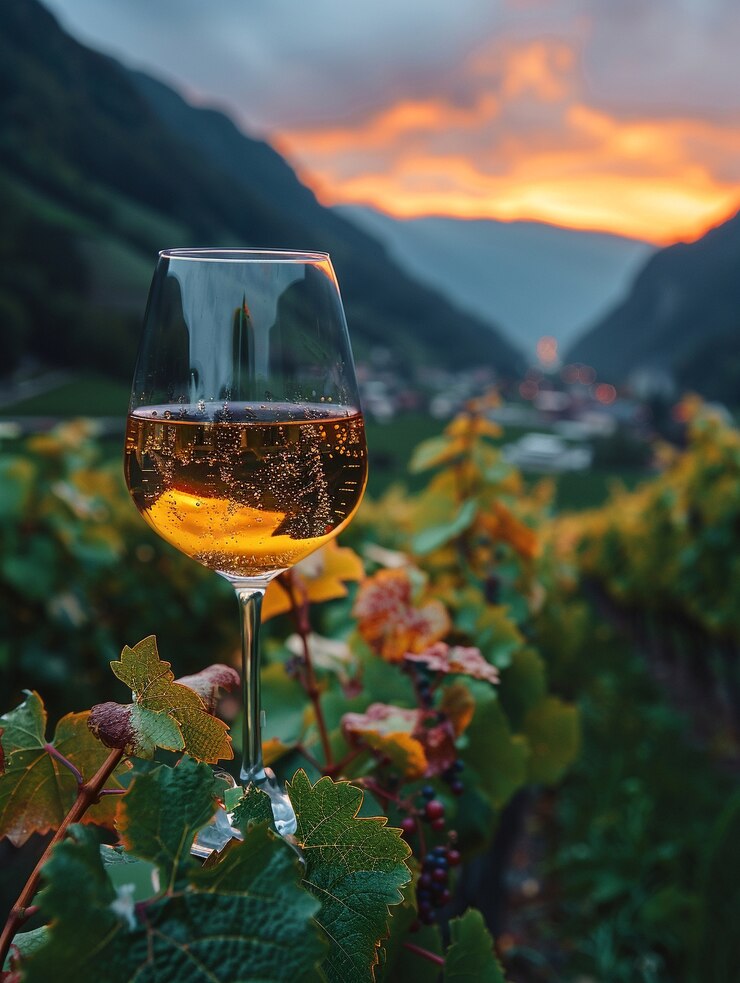 Foto grátis um copo de vinho com uma vista deslumbrante da vinha ao pôr-do-sol