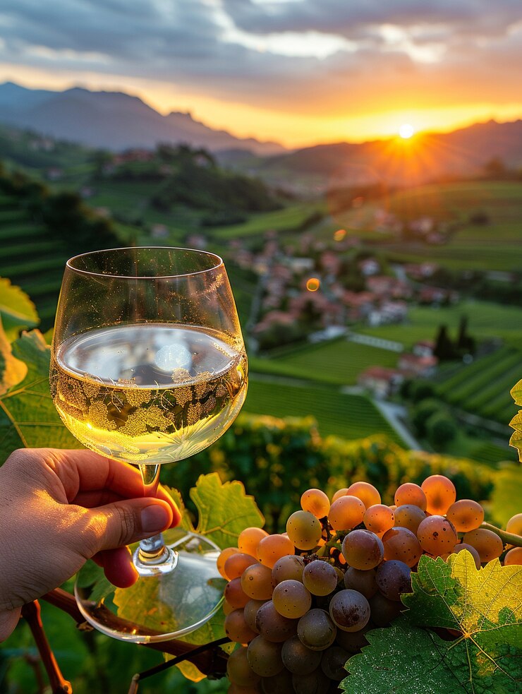 Foto grátis um copo de vinho com uma vista deslumbrante da vinha ao pôr-do-sol