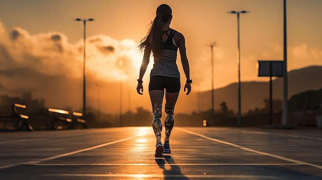 Um corredor com uma prótese pronto para começar a corrida