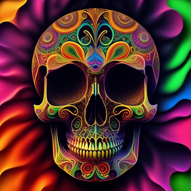 Um crânio colorido com um padrão de cores diferentes.