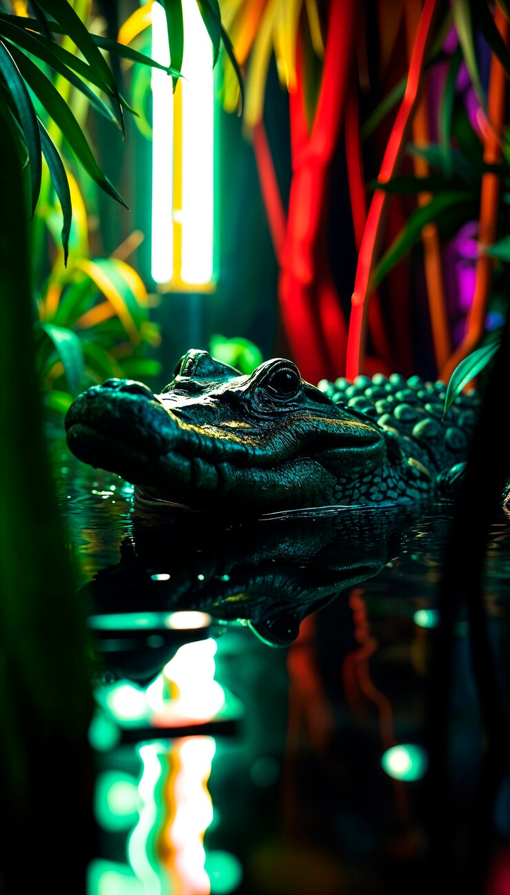 Foto grátis um crocodilo em close à luz de néon