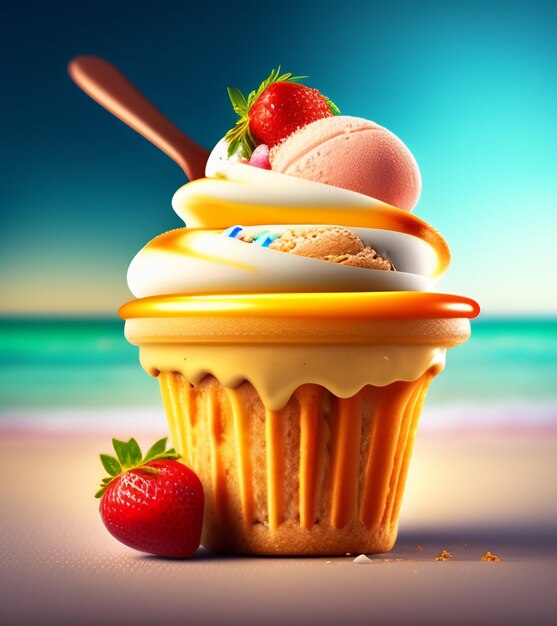 Um cupcake com um morango por cima e um morango por cima.