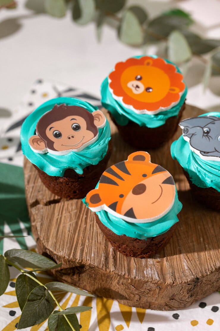 Foto grátis um delicioso arranjo de cupcakes para a festa de safári.