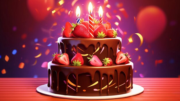 Um delicioso bolo de aniversário com fundo vermelho.