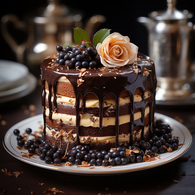 Um delicioso bolo de chocolate com flores.