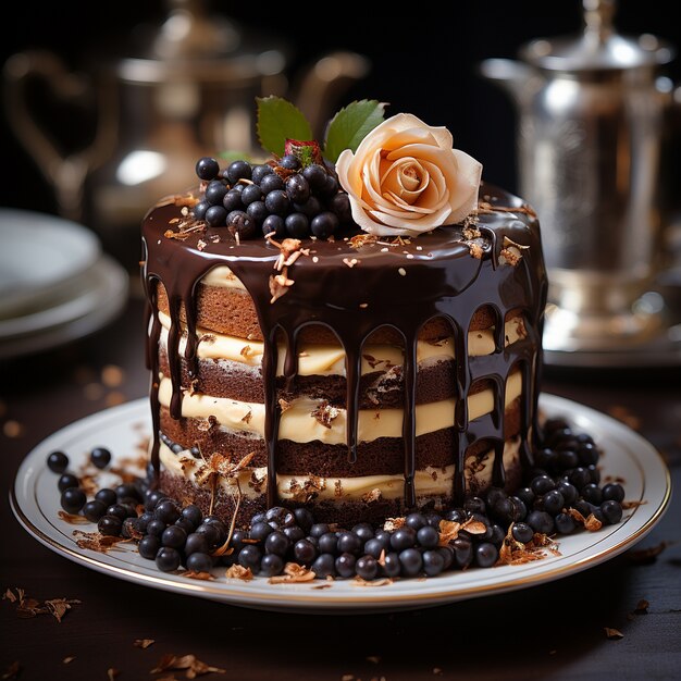 Um delicioso bolo de chocolate com flores.