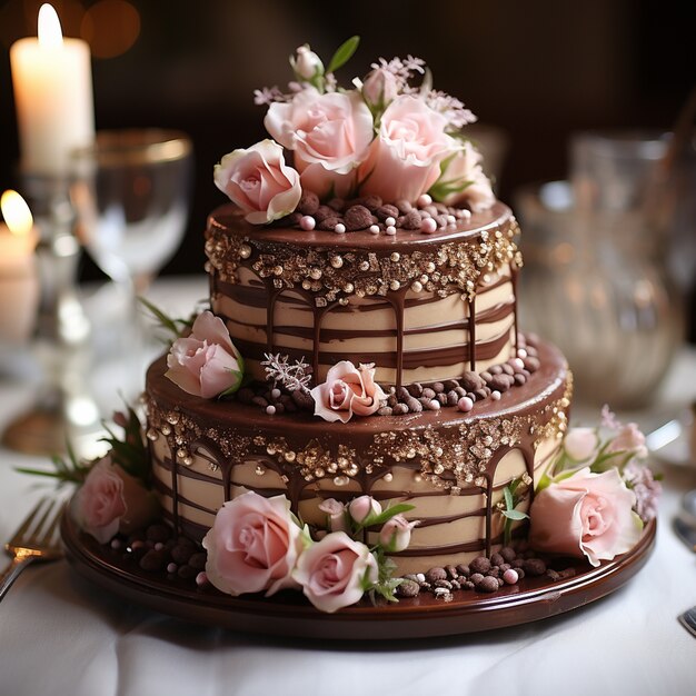 Um delicioso bolo de chocolate com flores.