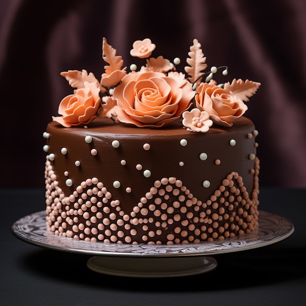 Um delicioso bolo de chocolate com flores.