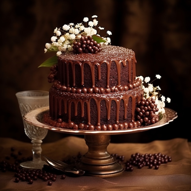 Um delicioso bolo de chocolate com flores.