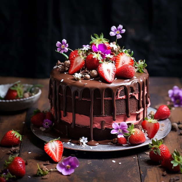 Um delicioso bolo de chocolate com flores.