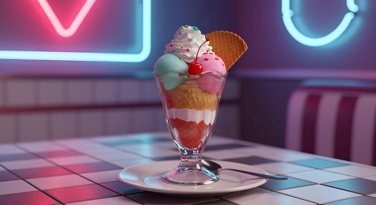 Foto grátis um delicioso sorvete num café retro com luzes de néon.