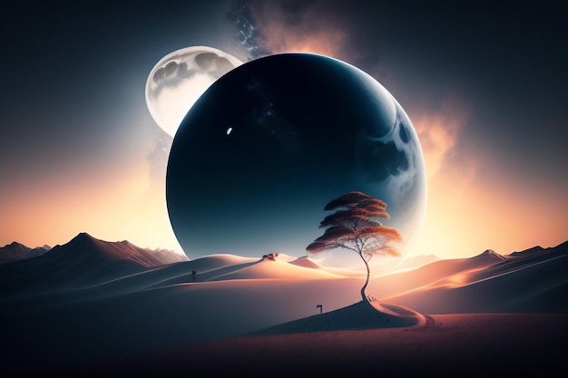 Um deserto com uma árvore e um planeta