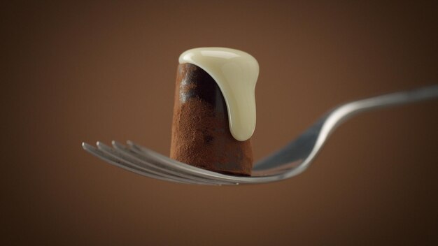 Um doce de chocolate no garfo coberto por creme branco caindo lentamente