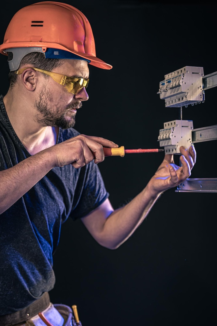 Foto grátis um eletricista masculino trabalha em um quadro de distribuição com um cabo de conexão elétrico