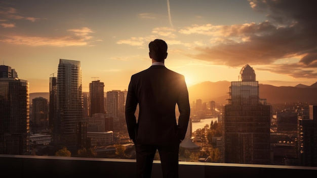 Foto grátis um empresário de sucesso um empresário equilibrado e confiante está contra uma paisagem urbana