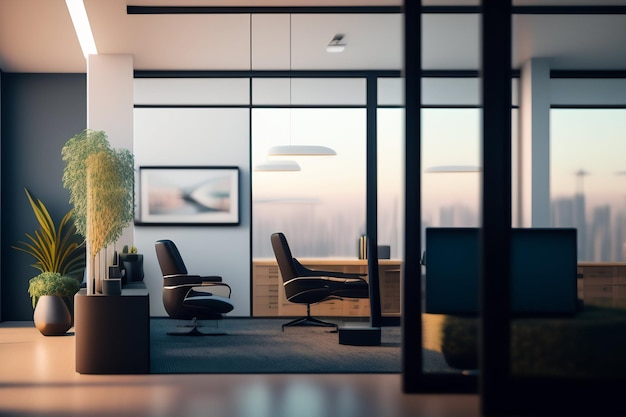 Um escritório moderno com uma grande janela e uma mesa com cadeiras e uma planta sobre ela.
