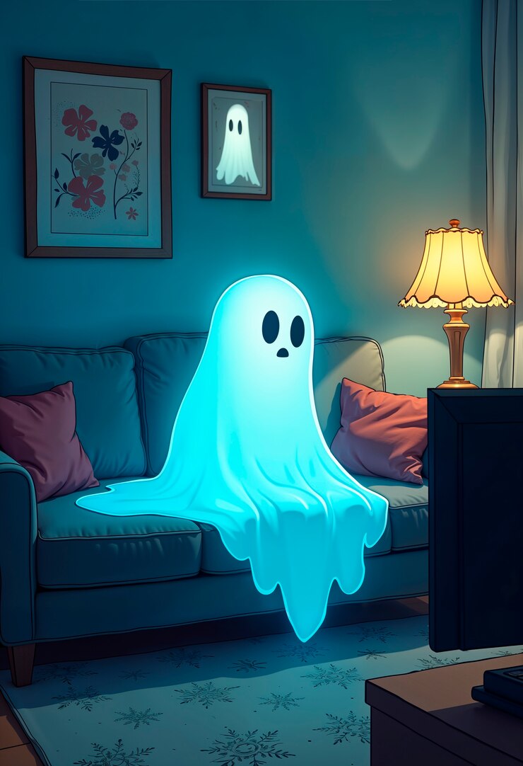 Um fantasma adorável a ver uma ilustração de televisão.