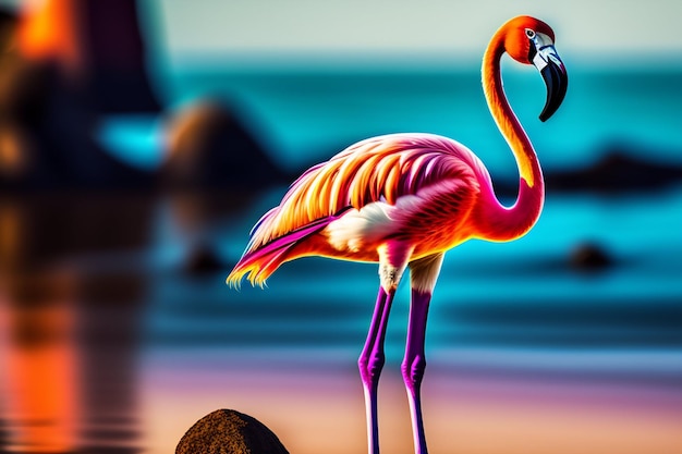 Um flamingo com um fundo azul e uma cauda de penas rosa