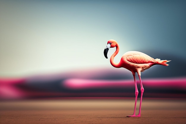 Um flamingo está parado em uma praia com um fundo rosa